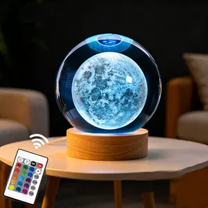 6cm 3D Moon Crystal Ball Night Light with Remote Control, 16-Color Changing Glass Sphere, Wooden Base, Smart Bedside Ambiance Lamp, Space Astronomy Gift for Teens, Ideal for Women’s Holidays, Birthdays & Study