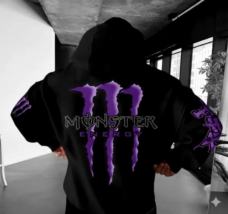 Black and Purple Monster Energy Claw Streetwear Hoodie, Graphic Racing Crossover Pullover, Motocross Hip Hop, Unisex Casual, Fullsize S-5XL 50/50 Cotton/Polyester Blend, Drift & Motorsport Lifestyle Apparel