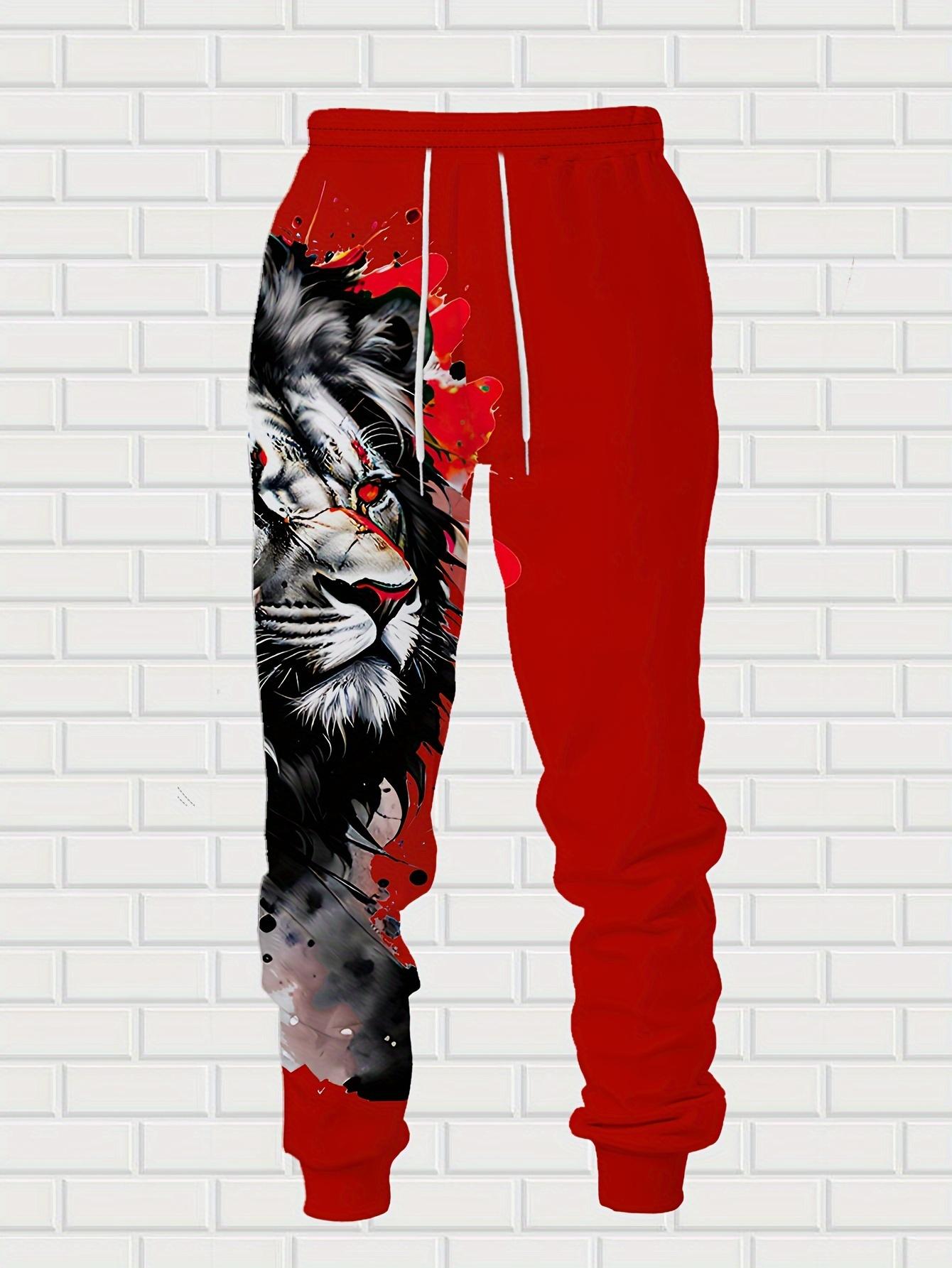 American Street Style Red Lion Print Hoodie Set Men's Casual Sports Two-Piece Suit