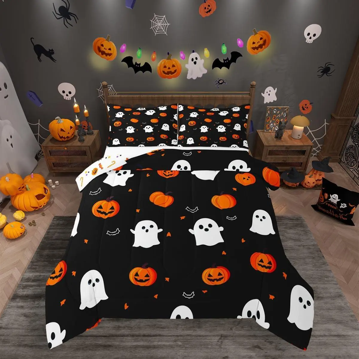 Happy Halloween Comforter Set Pumpkin Bedding Set Bedroom Decor Ghost Printed Duvet Quilt Breathable Soft Lightweight Microfiber Women Men Duvet Quilt with Pillow Case