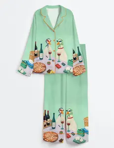 Funny Duck Wine Quirky Stylish Ducks Cheese And Wine Scene Satin Pajama Set Adults, Sleepwear Duck Wine Clubs, Ducks Cheese Gifts Women