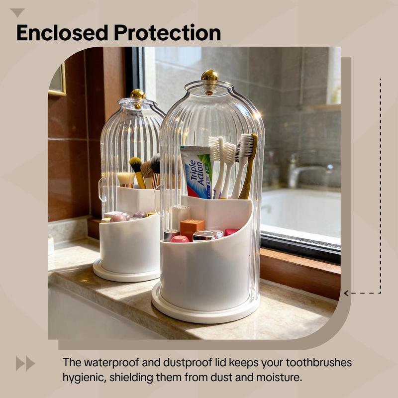 Dustproof Toothbrush Holders with Cover,Storage Bucket Organizers with Transparent Door Lid,360° Rotating Clearance Makeup Organizer for Vanity Bathroom Desktop Countertop Storage,Spinning Makeup Brush Holder Boxes,White&Grey,Multi-functional Storage