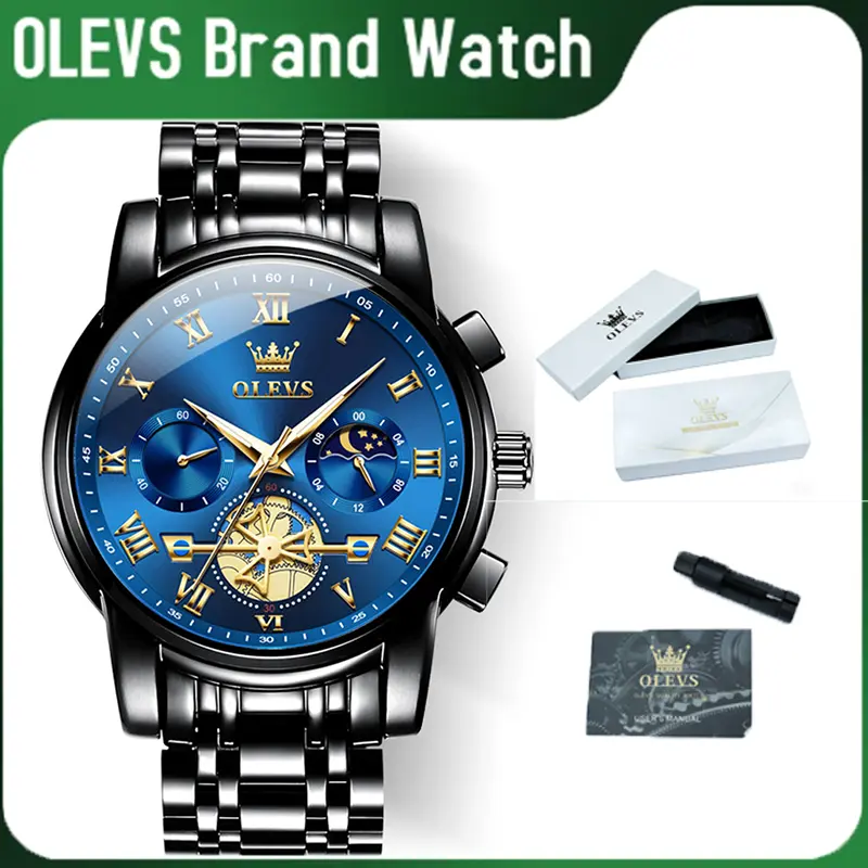 OLEVS Men's Automatic Mechanical Watch, Luxury Skeleton Wristwatch with Diamond Accents, Stainless Steel Band, Multifunction Calendar Moon Phase Dial, Luminous, Diamond Wrist Watch, Trendy Exquisite Watch