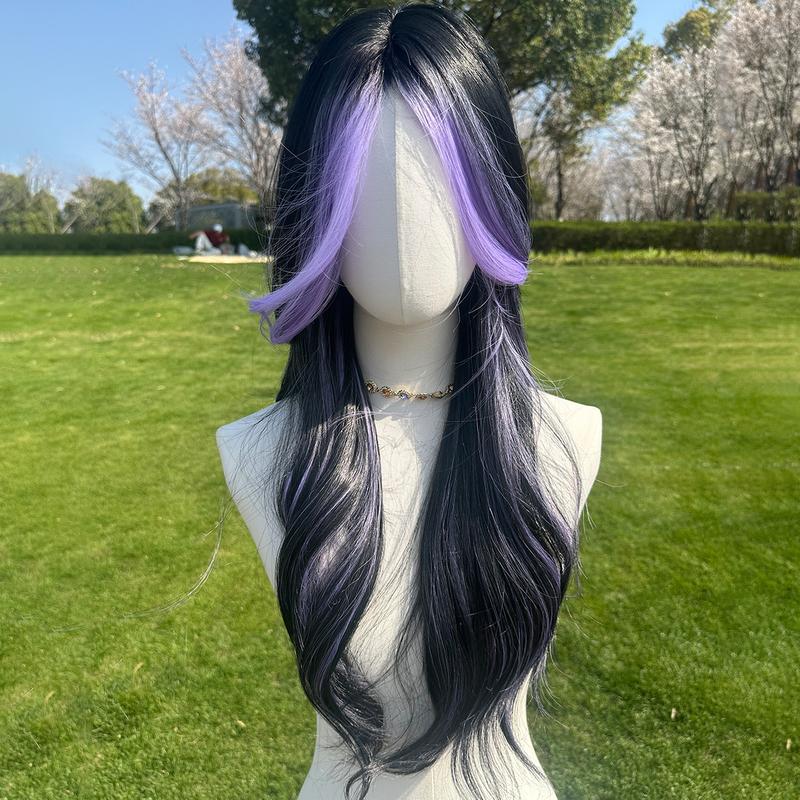 SMILCO 26" Wavy Black & Red Highlights Synthetic Wig Middle Part Glueless Natural-Looking Scalp Full Machine Cap Adjustable Straps Breathable Cap Vibrant Color Soft Texture SM398 SM5029