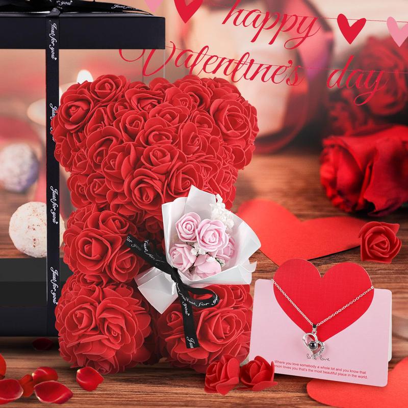 Rose Bear with Box - Artificial Flowers Rose Teddy Bear with Box, Greeting Card, Necklace - Cute & Romantic Valentine’s Day Gifts for Her, Women, Girlfriend, Wife (Red) Decor Decorative
