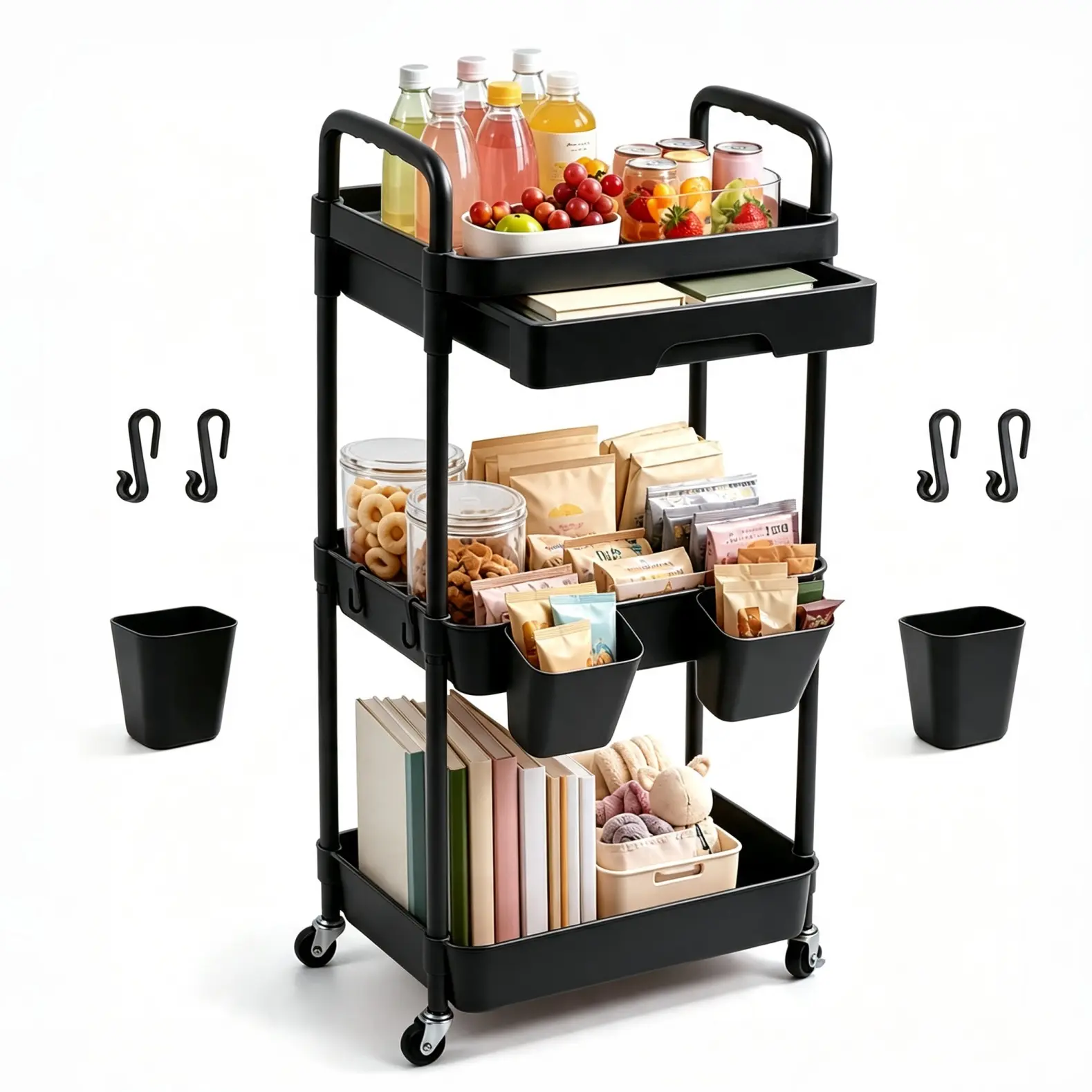 Black 3-Tier Rolling Plastic Storage Rack with Pull-Out Drawer, Lockable 360° Wheels, Waterproof Slide Accessory Mount, Hollow Metal Hanging Design - Multi-Purpose Utility Organizer for Drink Storage, Kitchen