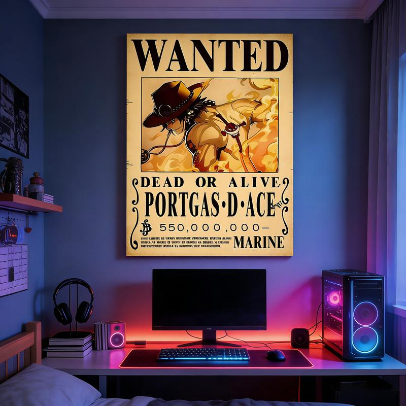 "Fire Fist Ace" popular Japanese anime One Piece wanted poster canvas art print, featuring high-quality dynamic artwork. This urban-style wall decor is perfect for bedrooms, studies, and studios, with the cartoon image printed on canvas.