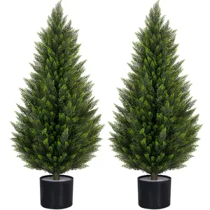 ROMSWI 3FT Tall Artificial Cedar Topiary Tree in Pot UV-Resistant, Commercial-Grade Wind-Proof Faux Pine for All-Season Porch & Entryway Decor 2Pack