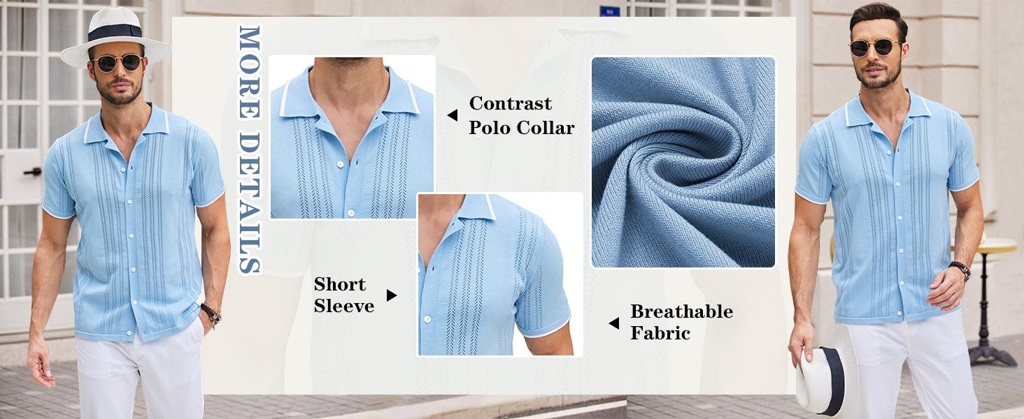 COOFANDY Men's Knit Button Down Shirt Vintage Short Sleeve Polo Shirts Casual Beach Tops Menswear