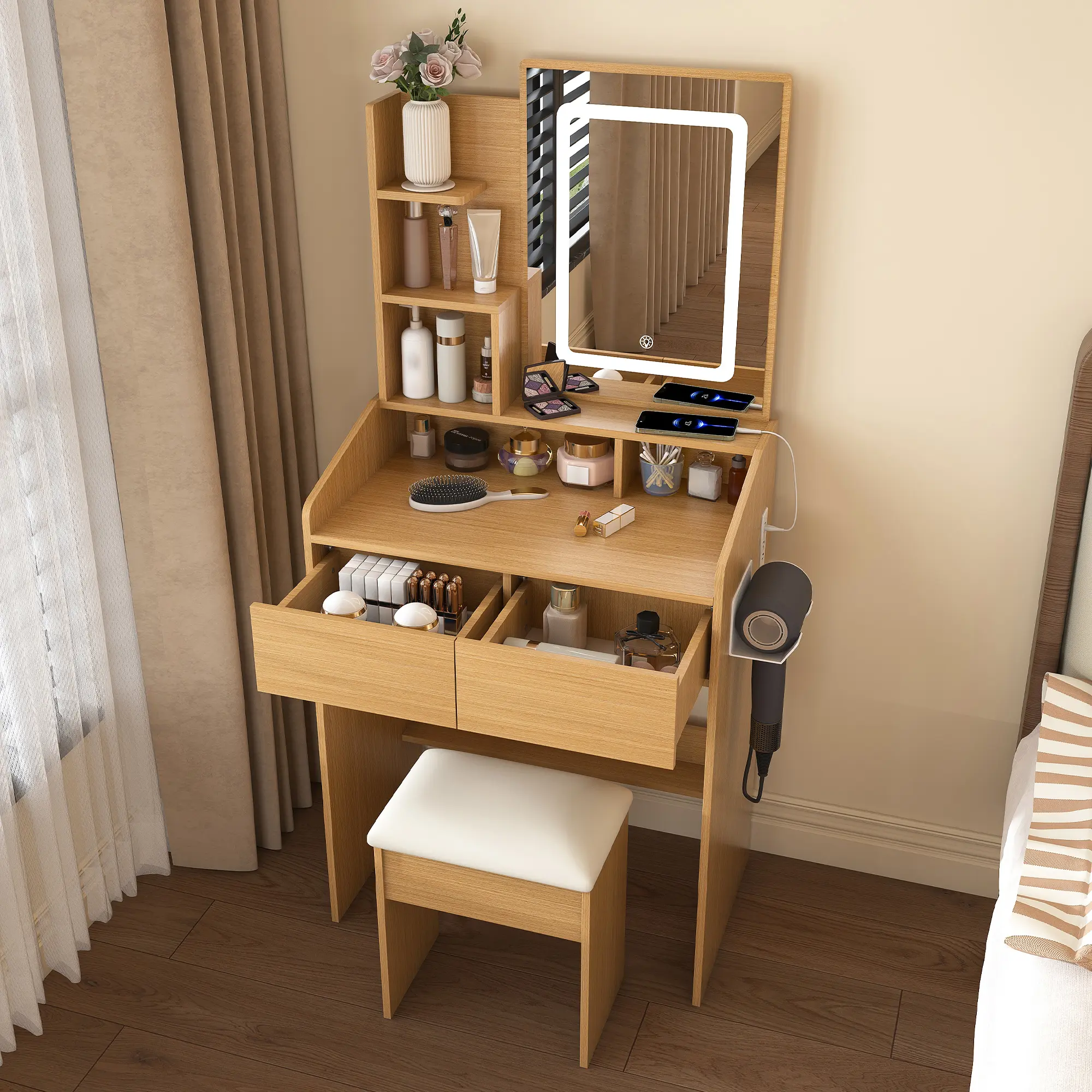 Vanity Table with LED-Illuminated Mirror, Power Outlet, Hairdryer Holder & Stool – Compact Dressing Desk for Small Bedrooms(Wood), Wooden Vanity, Vanity With Lights