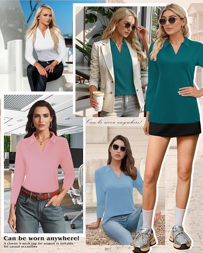 Polo Shirts for Women, V-Neck Business Casual Tops for Women, Collared Shirt Tunic Tops 3/4 Sleeve Work Blouses