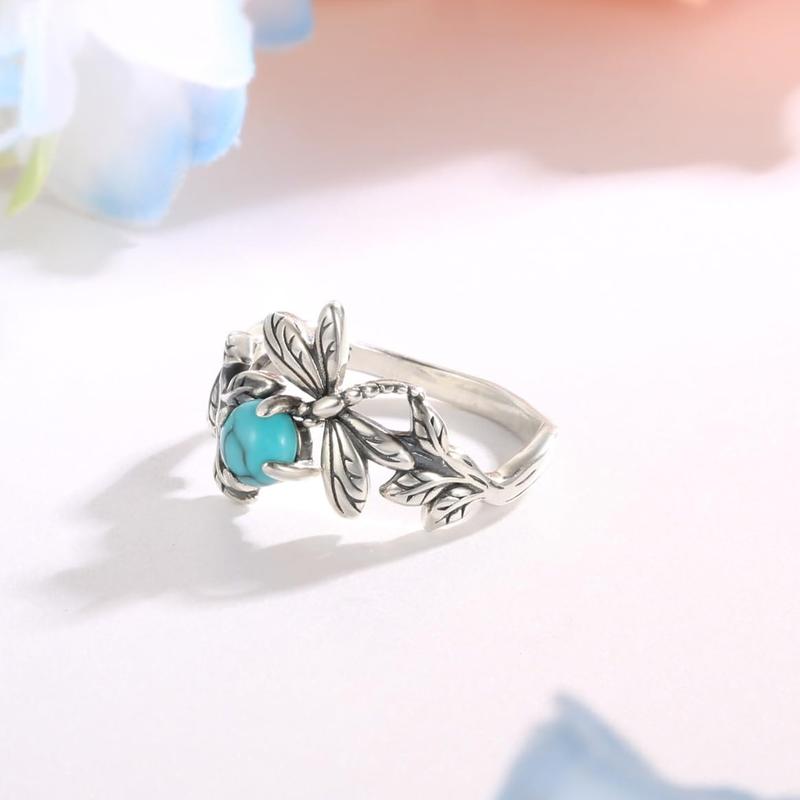 925 Synthetic Turquoise Open Ring with Unique Dragonfly and Leaf Design, Unique and Vintage Sterling Silver Adjustable Ring Jewelry for Women&Men, Unisex Gift to Friends, Pagan and Ethnic Style