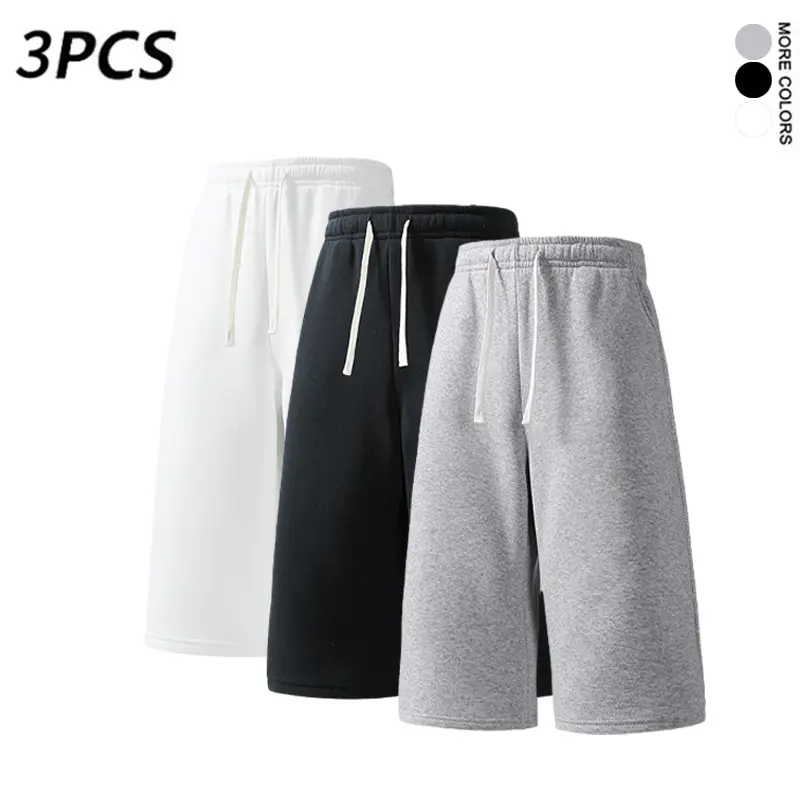 1/3Pack   Men’s Gray Knit Casual Sports Three-Quarter Jogger Shorts - Loose Fit for Summer (Available in 3-Pack and Single Pack) pant Menswear Trouser Beige Plain Operator