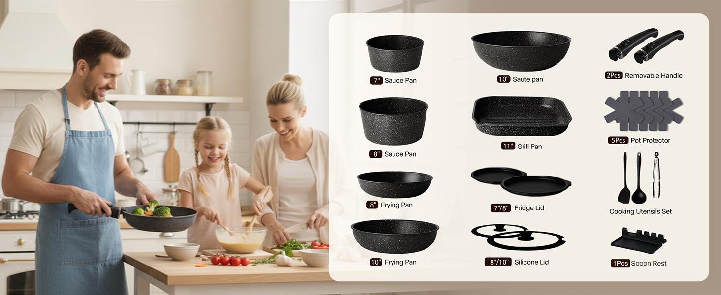 USELUCK-Camping and Baking Removable Handles, Non-Stick Cookware Sets, Essential Stackable Non-Stick Cookware Sets (Oven Safe and RV Friendly), Multiple Colors, Multiple Combinations Available