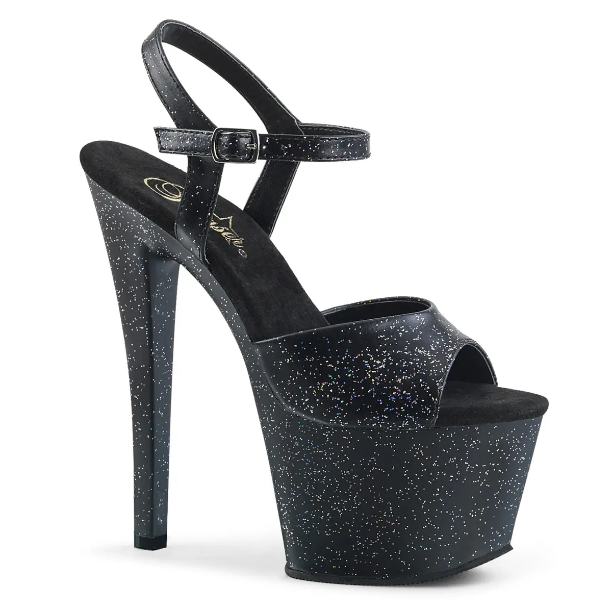 Pleaser Women's Sky-309MMG Iridescent Glitter Platform Sandals - 7" High Heel, Ankle Strap, Elegant Vegan Leather Fashion Sparkly Party Statement Shoes, Sparkly Party Shoes, Classy Sandal, Stylish, Black Vegan Leather/Black, Footwear, Heeled, Glitter Acce