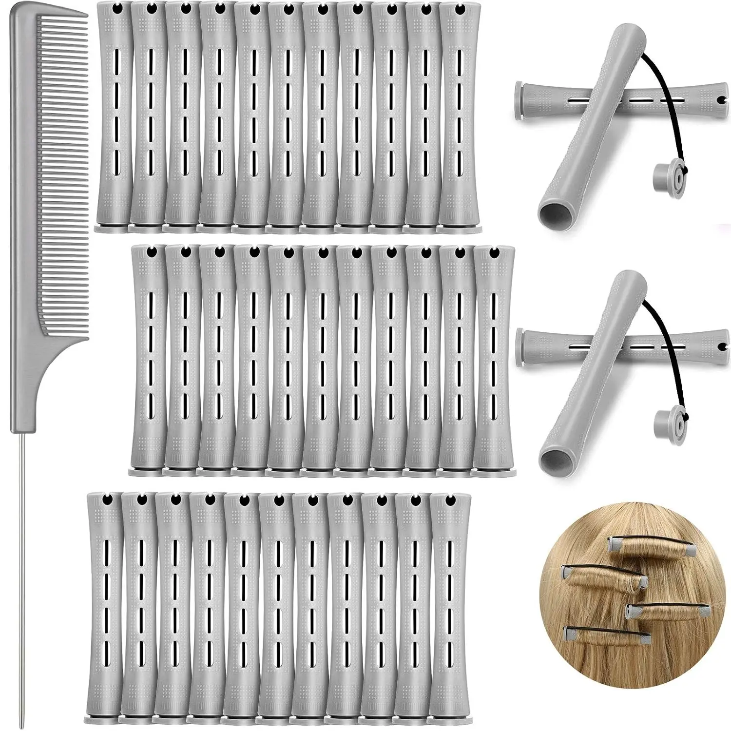 Cold Wave Perm Rods 36-Pc Set - 0.59 in Diameter x 3.23 in Long Plastic Curling Rods, Heatless Reusable Hair Rollers with Steel Rat Tail Comb & Clips for Short and Long Hair, Salon/Home