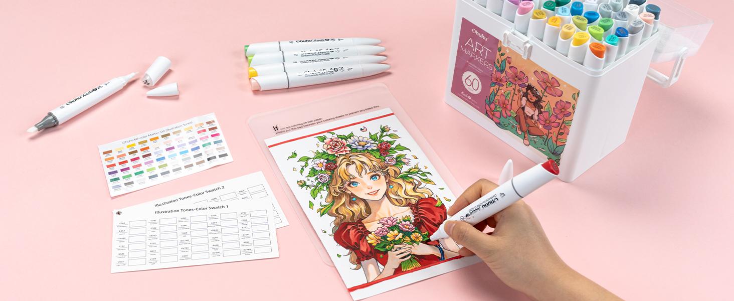 Ohuhu Alcohol Markers: Mini Brush & Slim Broad - 60 Illustration Colors - Dual Tip Brush Tip Alcohol-based Art Marker for Artists Adults Coloring Illustration- Refillable - Kaala B Series of Ohuhuart