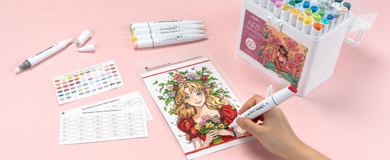 Ohuhu Alcohol Markers: Mini Brush & Slim Broad - 60 Illustration Colors - Dual Tip Brush Tip Alcohol-based Art Marker for Artists Adults Coloring Illustration- Refillable - Kaala B Series of Ohuhuart