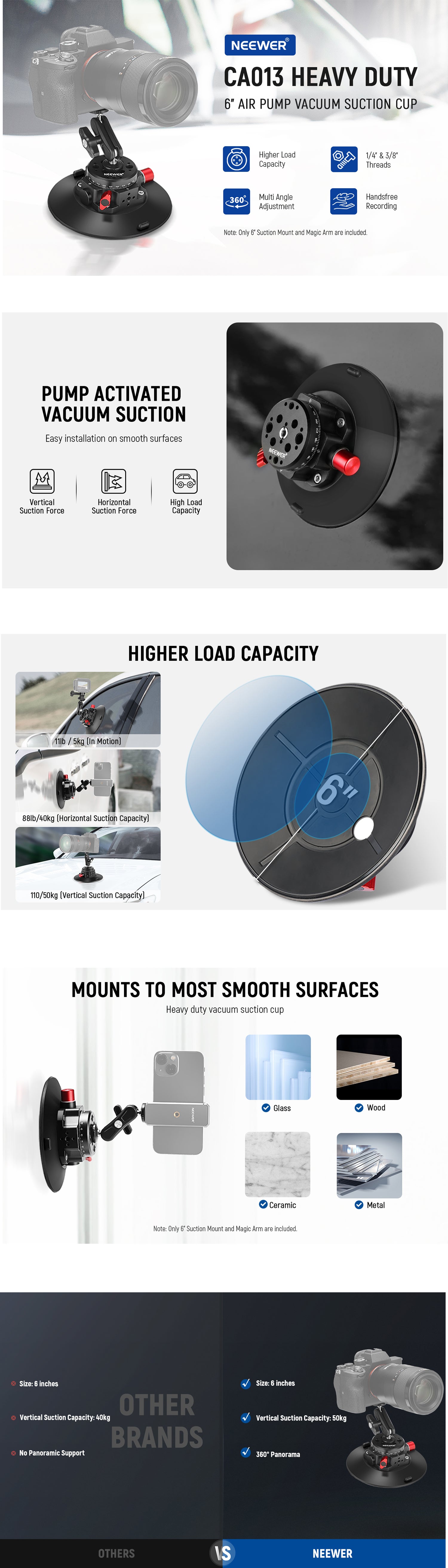 NEEWER CA013 6" Car accessories Camera Phone Suction Mount with Ball Head Magic Arm