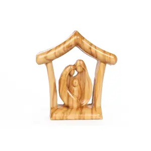 Olive Wood Nativity Scene_ Holy Family in Grotto Shelter Frame
