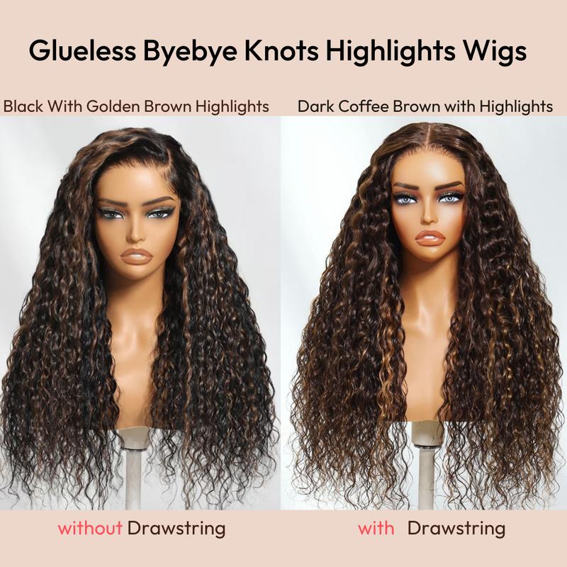 Unice  Water Wave Wig Black with Golden Brown Highlights Bye Bye Knots Pre-cut 7x5 HD Lace Closure Human Hair Wigs Natural Scalp Ready to Wear Beginners Friendly