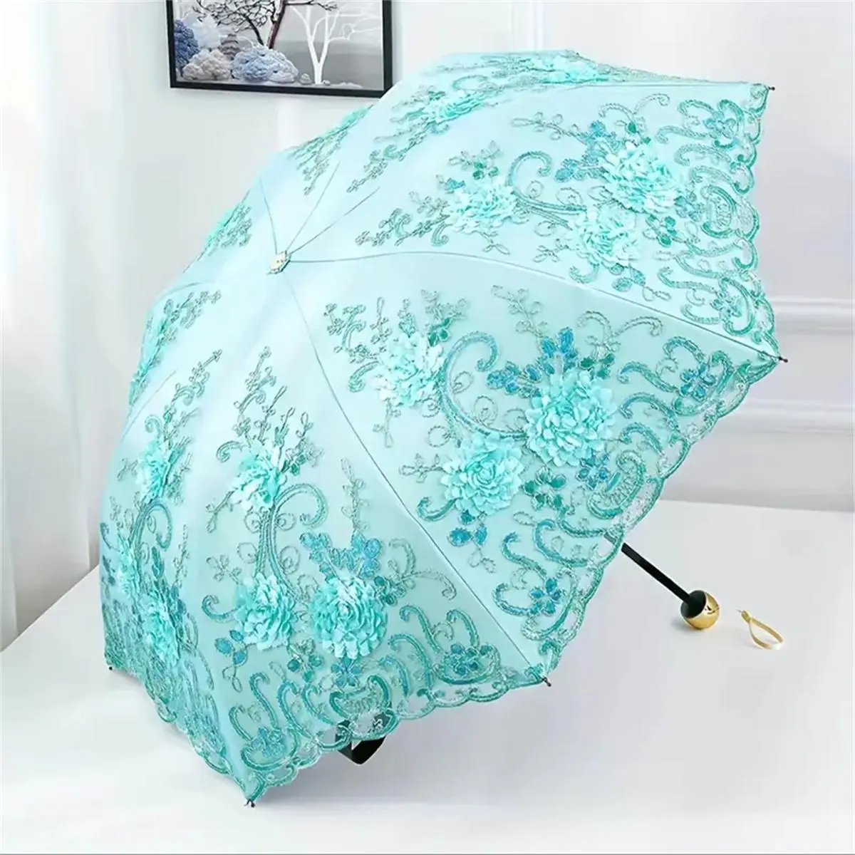 Vintage Lace Pattern Umbrella, 1 Count Foldable Rainproof Umbrella, Elegant Outdoor Sunshade Umbrella, Lightweight Fashionable Sunshade Accessories for Wedding & Garden Party