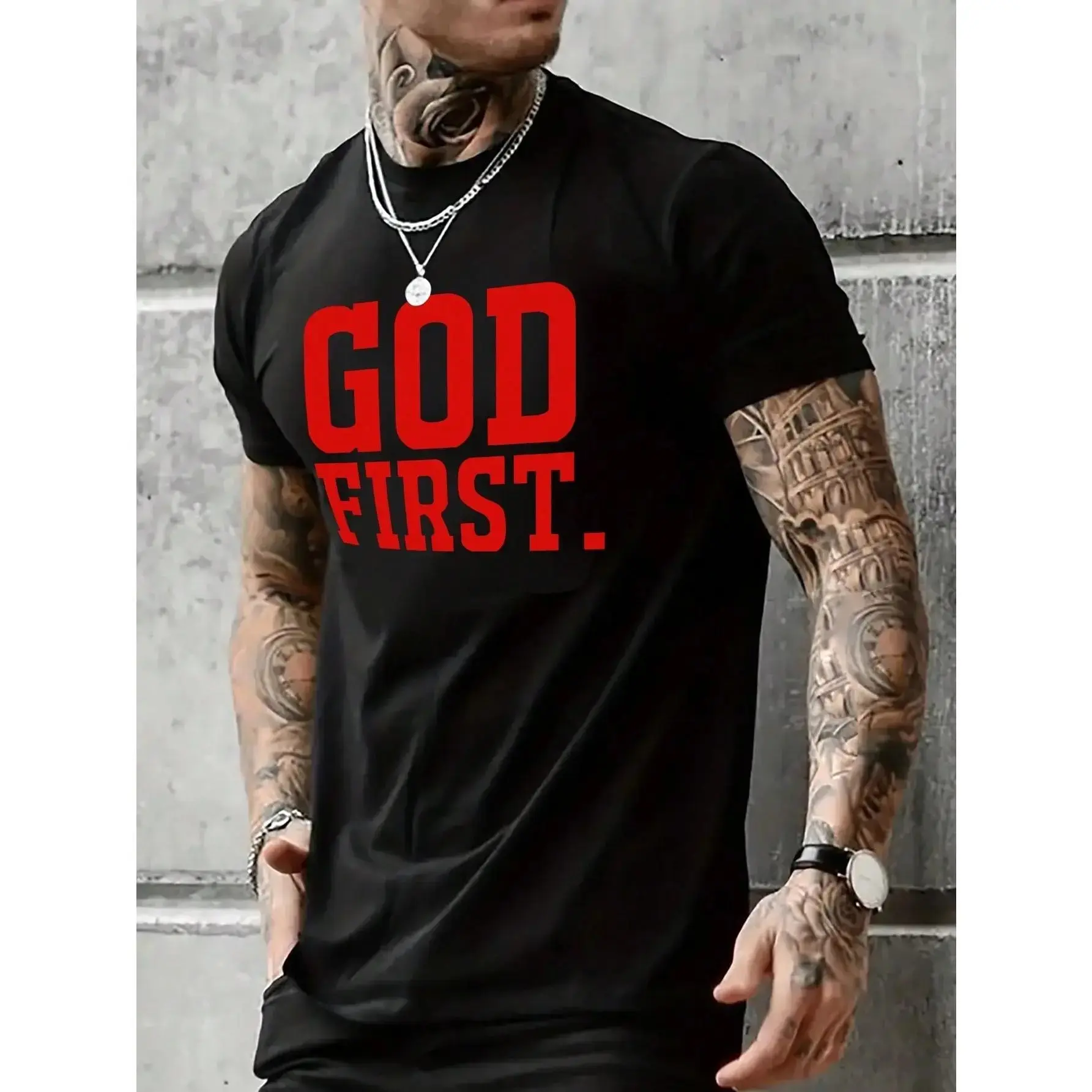 Men's Short-Sleeve T-Shirt, Casual Christian Style with "GOD FIRST" Faith Print, Faith-Based Fashion, Pull On, 3Xl, Male, Faith-Centered