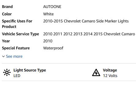 AUTOONE LED Side Marker Lights White for 2010-2015 Chevrolet Camaro 5th Gen Front & Rear Fender Markers Smoked Lens 4PCS High Brightness IP67 Waterproof