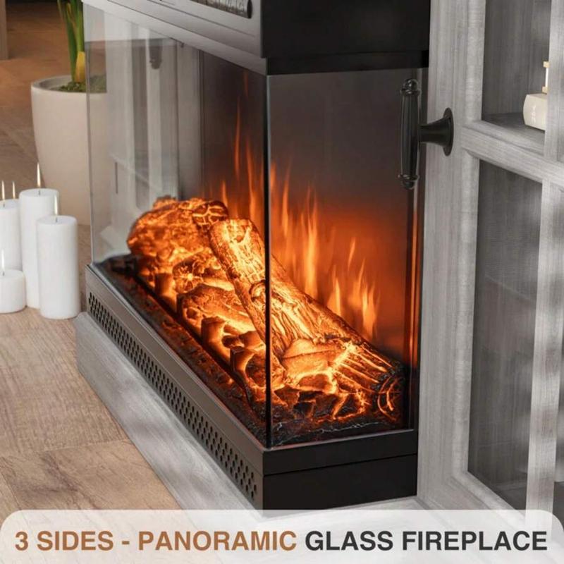 Modern 3-Sided Glass Fireplace TV Stand, Fits Up to 65" TVs, Media Entertainment Center with Cabinet Storage & Adjustable Flame Color
