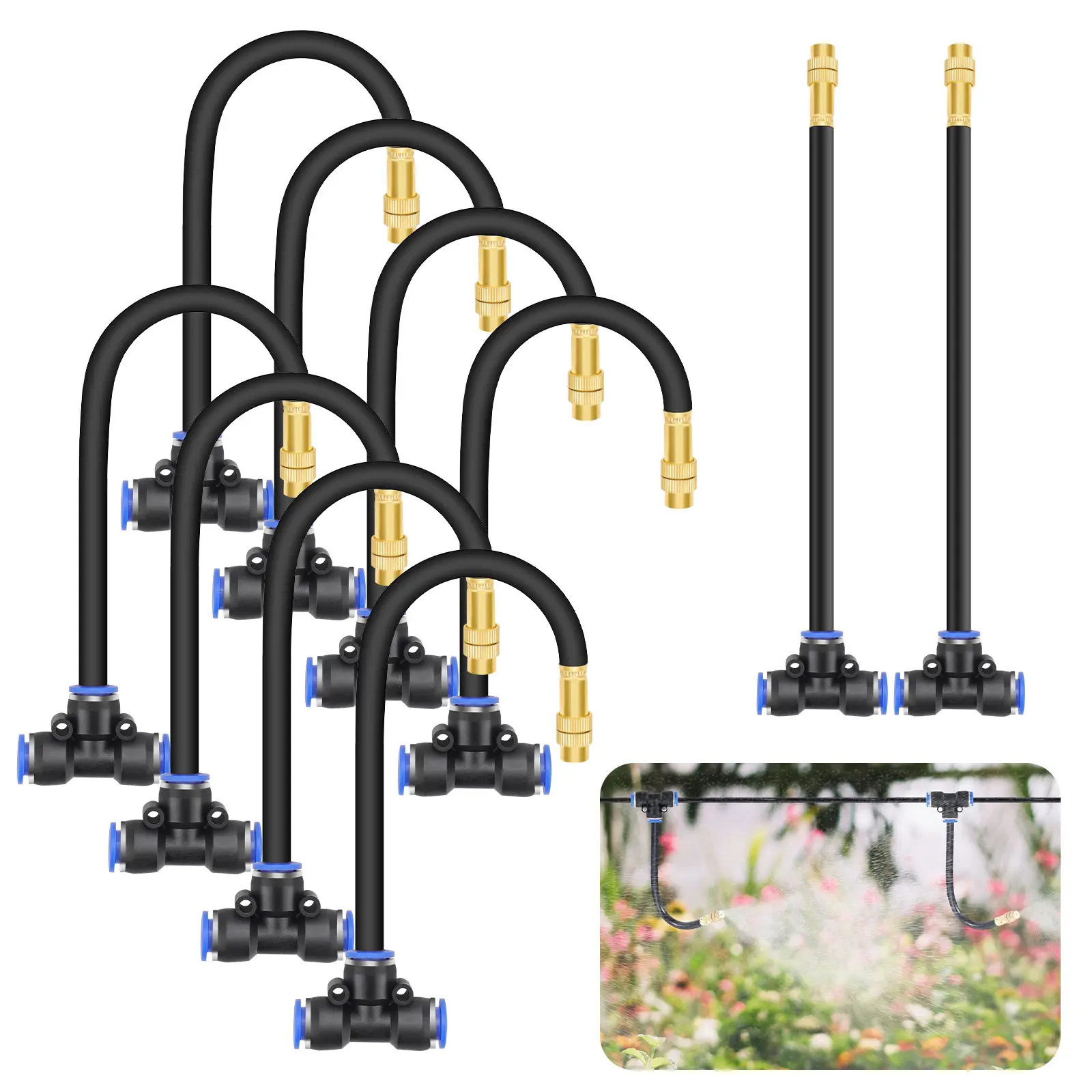 10 Pack Adjustable Brass Copper Drip Irrigation Kit - Spray Nozzle with Flexible Hose,Irrigation Mist Nozzle Kit,Multi-Directional Rotation Quick Connectors for Garden Lawn