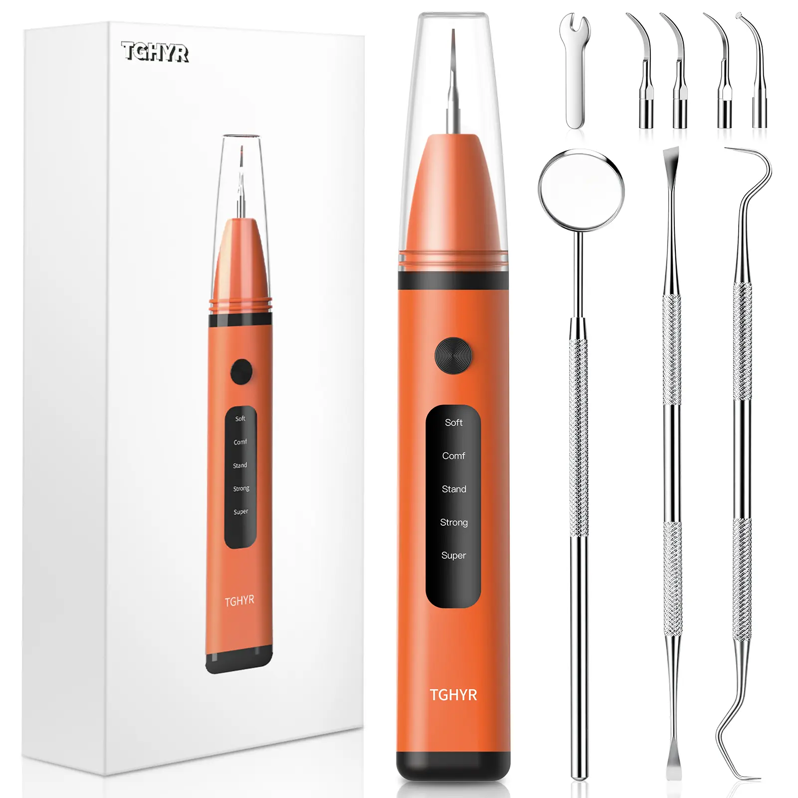 TGHYR Ultrasonic Oral Plaque Remover for Teeth - Tartar Remover with 5 Adjustable Modes, LED Light, 4 Replacement Tips, Rechargeable, IPX6 Waterproof Gum Health Dental Care Kit for Home Use (Orange)