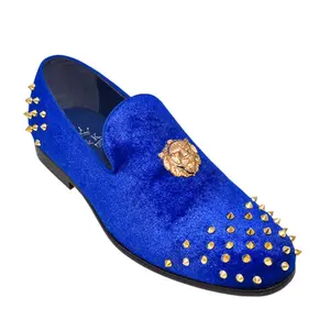 Royal Blue Velvet Loafers with Gold Spikes – Luxury Prom & Formal Shoes
