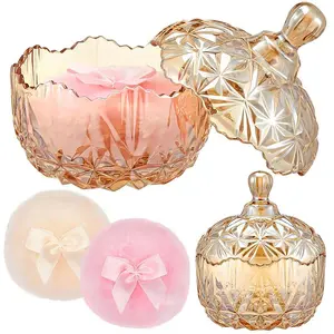 Dusting Powder Jar with 2 PCS Soft Washable Reusable Large Body Powder Puffs Cute Puff Powder Container Set Dusting Powder Box with Puffs for Face and Body Makeup Gift after Shower Glass Crystal Holder for Bathroom Home Bedroom Decor  prayer decorative