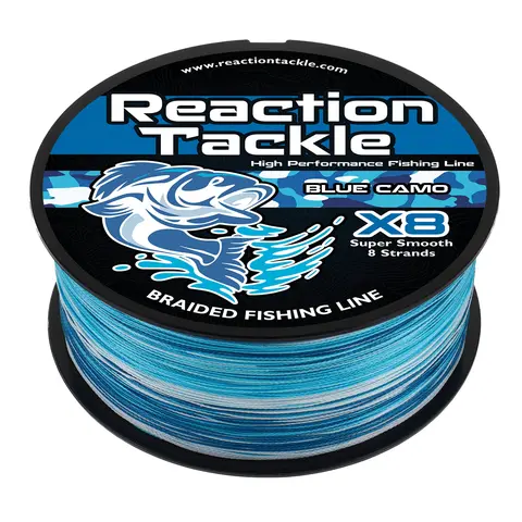 Blue Camo Braided Fishing Line - Reaction Tackle X4 & X8 Strand Metered Braid, Zero Stretch, Abrasion Resistant, 6-100lb, 150-3000yd Spools - Offshore & Inshore Saltwater for Tuna, Grouper, Snapper