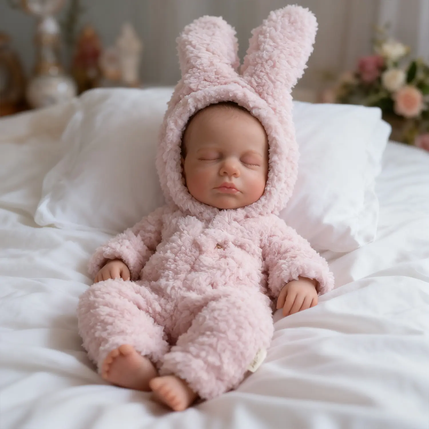 12-In  Lifelike Full Vinyl Collectible Doll for Girls - Hand-Painted Face, Pink Plush Rabbit Romper, Soothing Emotional Support Toy, Birthday Gift, Cute Doll Collectible Home Decor, Lifelike Doll realistic baby