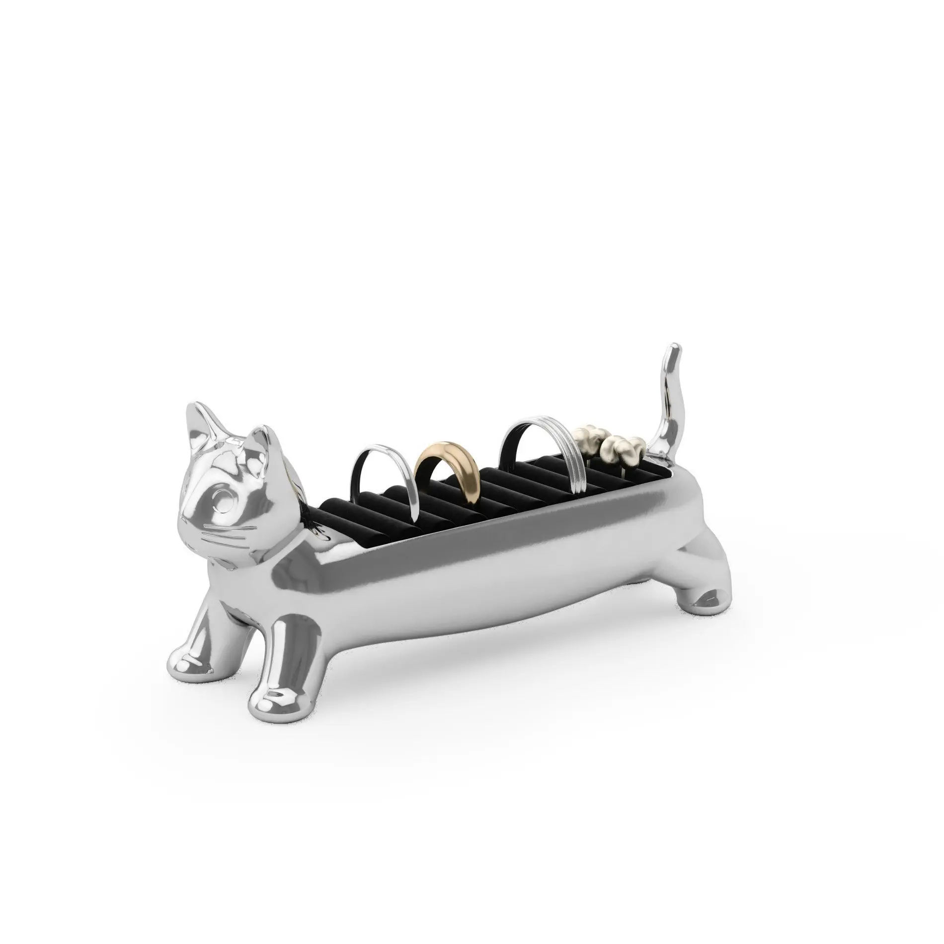 Umbra Ali Cat Ring Holder - Whimsical Feline Theme Eco-Friendly Home Organizer, Velvet-Lined Chrome-Brass Metal Jewelry Storage Box for Dresser Organization, Holds 10 Rings