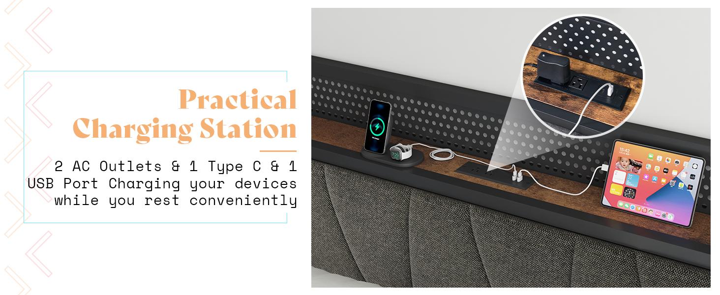 AMERLIFE King Size Lift Up Storage Bed Frame with LED Lights, Linen Upholstered Headboard with Charging Station, Wooden LED Light Platform Bed Frame,Best Gift Ideas/Christmas Gifts