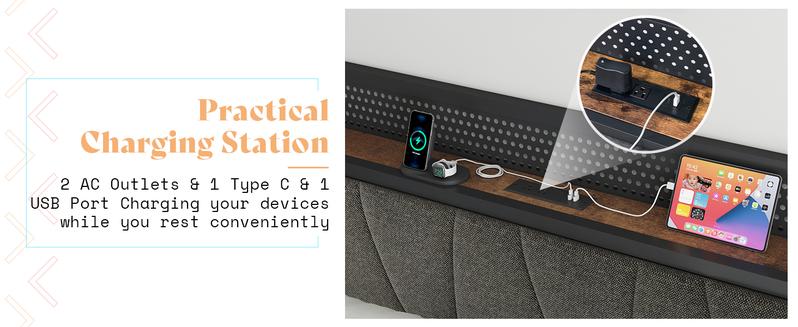 AMERLIFE King Size Lift Up Storage Bed Frame with LED Lights, Linen Upholstered Headboard with Charging Station, Wooden LED Light Platform Bed Frame,Best Gift Ideas/Christmas Gifts