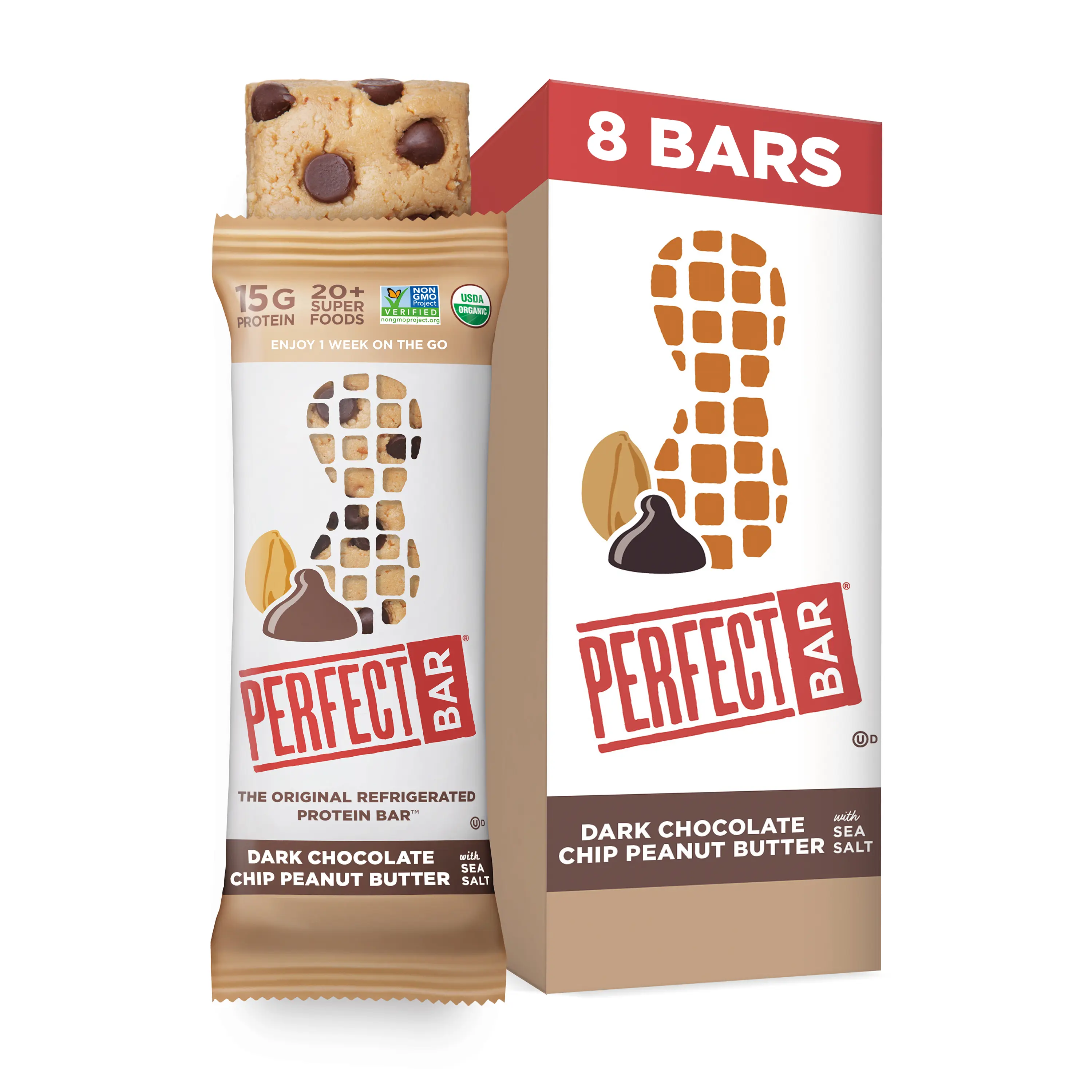 Perfect Bar Dark Chocolate Chip Peanut Butter Protein Bar - High Protein - Certified USDA Organic - Organic Honey, No Sugar Alcohols, 2.3 Ounce Bar, 8 Count
