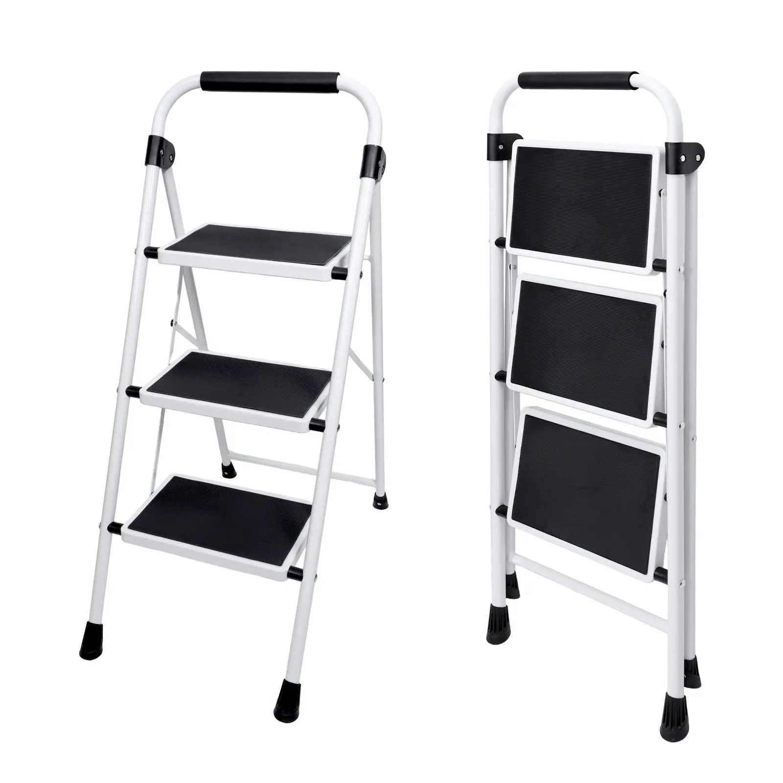 Sweetcrispy Heavy-Duty Metal Step Ladder - Iron Step Stool with Non-Slip Pedals, Handrails, Slim Fold, Auto-Lock, Floor Protection, 330 lbs Capacity for Kitchen, Garage (Ladders for Home, Garden Supplies Indoor/Outdoor Home Improvement Essential)