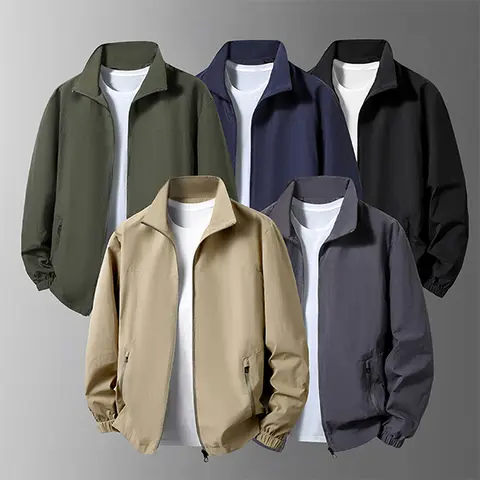 Men's Minimalist Plain Nylon Fabric Shell Jacket - Pull On, Neutral Toned, Classic Stand Collar, Windproof, Waterproof, Casual, Pockets, Layer-Friendly, Smooth Zipper, Quick On-Off, Ideal for Cycling & Outdoor Activities