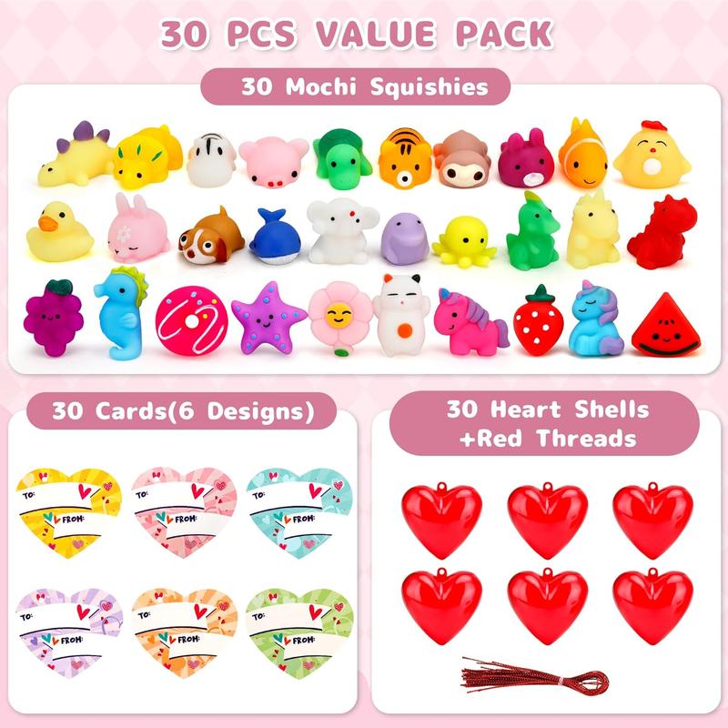 30 Pack Kawaii Mochi Squishy Party Favors – Valentine’s Day Mochi Squishy Gift Set with Cards, Heart Case Squishies for Kids Valentine Day Gift Exchange, Classroom Prizes & Party Favors
