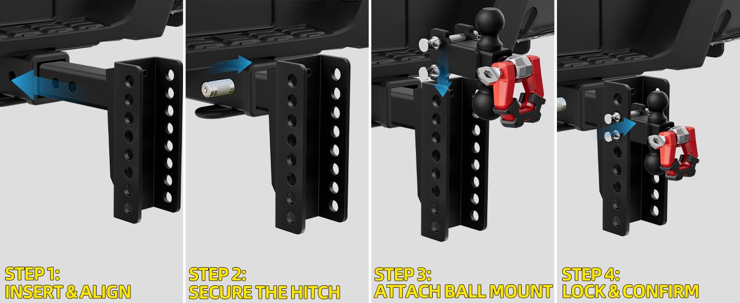 WhaleMotor 6 Inch Drop Adjustable Trailer Hitch - Fit 2 Inch Receiver Dual Ball Mount with Shackle, 10,000 LBS GTW, Anti-Theft Keyed Locks, Integrated Trailer Muffler & Rub Pads for Noise Reduction