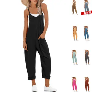 Women's Casual Jumpsuit Harem Pants V-Sleeveless Elastic Adjustable Strap Romper with Pockets Women's Casual Autumn Fresh Style