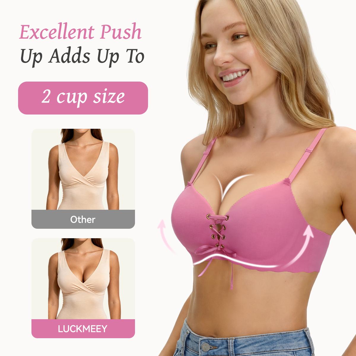 LUCKMEEY Drawstring Push Up Bra | Instant Cleavage & Anti-Sagging | Add 2 Cups Padded Wireless Comfort Bra for A B C Cups Womenswear Minimalist Pink