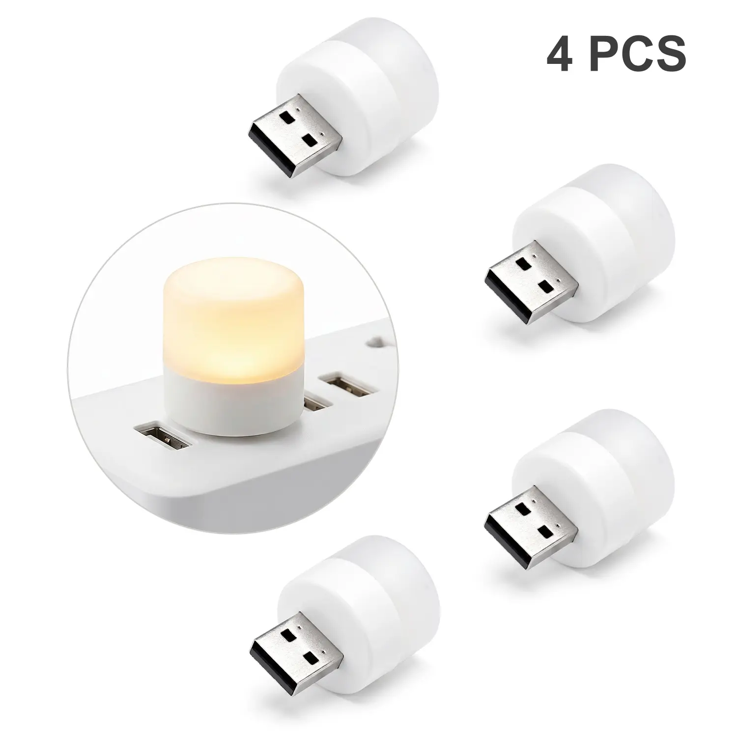 4PCS USB Lights by Night, Mini LED Bulb, Plug-in, Warm White, Compact, Ideal for Bedroom, Bathroom, Nursery, Hallway, Kitchen Car USB Atmosphere Light