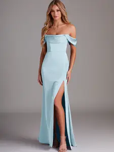Azazie Saige Sheath Off-Shoulder Pleated Leg-Slit Wedding Guest Evening Satin Dress