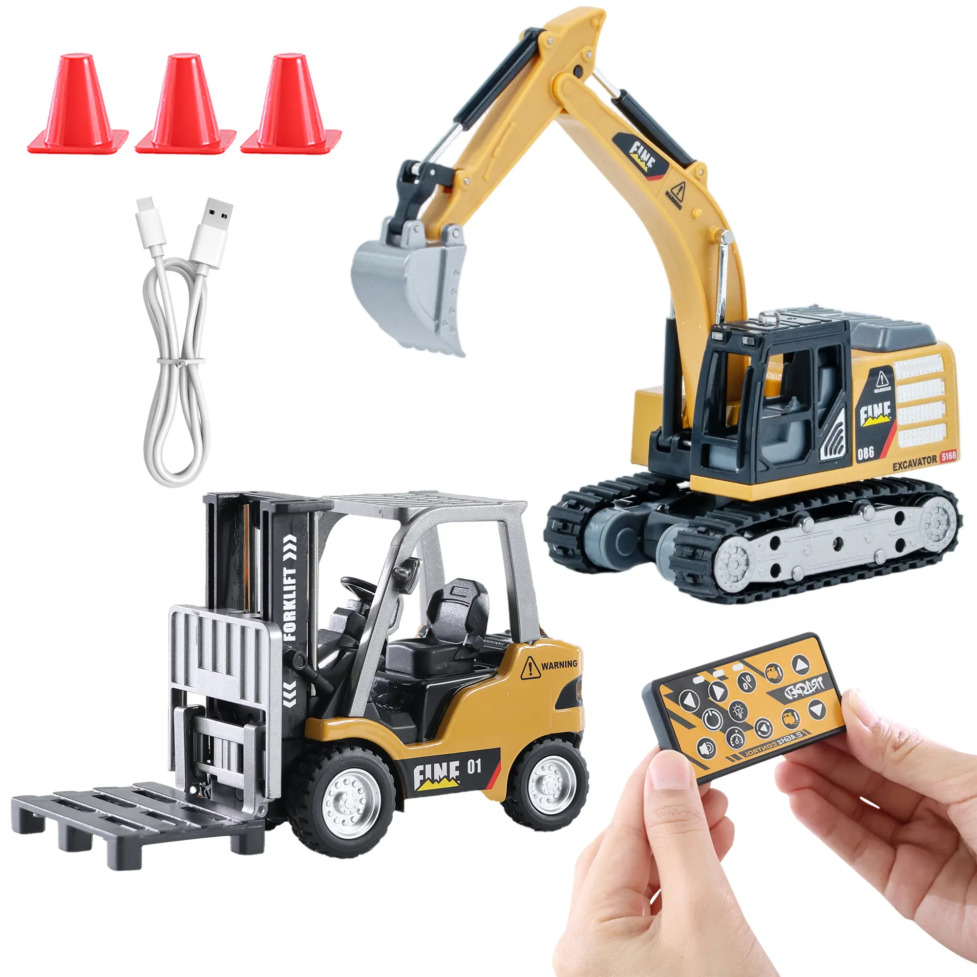 Unisex 2-in-1 Transform Full-Size 1/64 Mini Forklift & RC Mini Excavator Toy Set - Electric Remote Control Construction Vehicle, Lights & Sounds, Rechargeable Battery, Easy Play for Kids & Enthusiasts