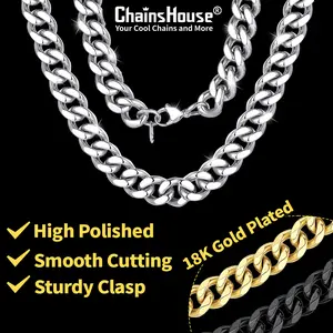 ChainsHouse Trendy Hexagon Cut Miami Cuban Chain Necklace, Solid & Sturdy, Steel/Black/Golden Stainless Steel Fashion Accessories, 3mm/6mm/9mm/12mm, 14-30 inch, Come with Box CHN18012