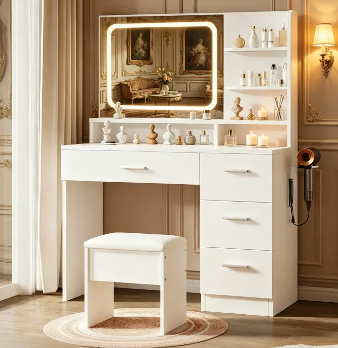 Elegant vanity includes lighted mirror and storage drawers; white makeup table for women; suitable for various settings including bedrooms, living rooms, and dorms.